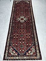 Full view of red Hamedan runner rug