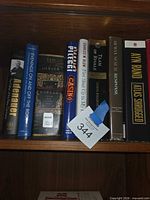 Shelf view showing nine book spines including Adenauer, Evenings On and Off the Roof, The Circle, Casino, Fire Shut Up in My Bones, Team of Rivals