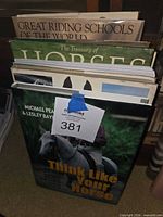 Stack of equestrian books showing spines and cover of Think Like Your Horse, tag 381 visible