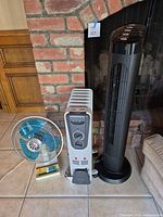 All three items grouped: oil radiator, tower fan, desk fan