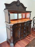 Full frontal view showing server, hutch, marble top, carved detailing