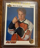 Front of Peter Forsberg rookie card in protective sleeve
