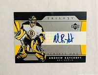 Front of Upper Deck Trilogy card showing Andrew Raycroft image and autograph