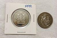 1999 coin in holder alongside loose coin, showing obverse design