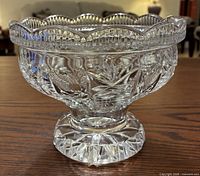 Front view of Lausitzer crystal pedestal candy dish showing cut patterns and scalloped rim