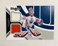 Front of Devan Dubnyk Black Diamond dual jersey card showing player image and two fabric swatches