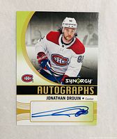 Front of Jonathan Drouin Synergy Autographs card showing photo, team logo, autograph