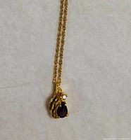 Full view of gold-tone chain and garnet pendant