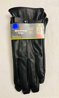 Front view of packaged black faux leather gloves