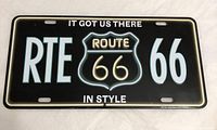 Front view of full-size Route 66 novelty license plate showing design and mounting slots