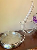 Decanter and chafing dish together for scale and overview