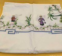 Folded tablecloth showing central embroidered figures and border