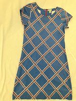 Front view of blue Hatley cotton dress with diamond pattern
