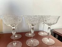 Six crystal champagne coupes on tabletop showing etched pattern and stems