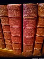 Spine detail of International Library of Famous Literature volumes showing embossed red leather and volume numbers
