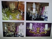 Collage showing brass-tone chandeliers and wall sconces with crystal drops