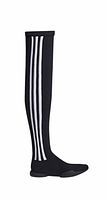 Side profile of full-length black boot with white stripes