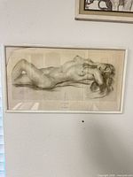 Full view of framed charcoal reproduction print showing reclining nude