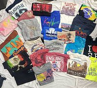 Full lot overview showing 24 assorted tourist graphic T-shirts spread on white sheet