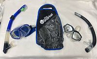 Full view of both snorkel and mask sets with bag