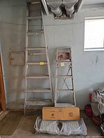 Full view of both ladders, boxed platform and leveler on floor