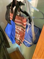 All three bags hanging: blue duffel, striped tote, blue pouch
