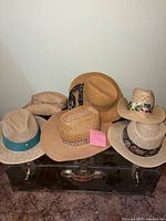 Group shot showing all six straw hats on metal trunk