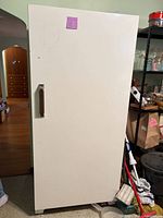 Front view of closed white Montgomery Ward freezer