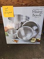 Retail box showing image and labeling of stainless steel 4-piece mixing bowl set