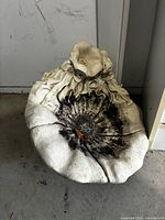 Full view of ceramic bird bath basin resting on floor