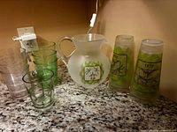 Pitcher with all glasses grouped on countertop