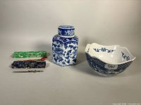 Group shot showing jar, bowl, two boxed letter openers and one opener displayed