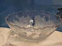 Overall view of clear glass bowl with frosted rose design