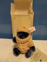 Full view of teddy bear in sweater and cap with box behind