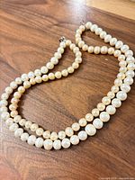 Full view of entire necklace coiled on wood surface