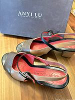 Overall view of both sandals showing uppers, heel height, and color scheme