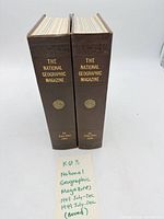 Two bound National Geographic volumes standing spine-out showing titles and date ranges