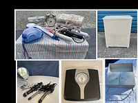 Collage showing all main items: wicker hamper, hair tools, alarm clock, roller sets, scale, fabric organizer