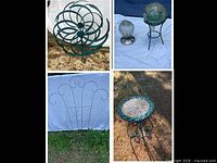 Group shot showing wind spinner, two mosaic spheres, mosaic table, and trellis