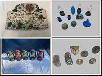 Composite showing plaque, glass items, kerosene lanterns, stepping stones