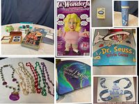 Collage showing board game tins, Ms. Wonderful doll box, bead necklaces, Dr. Seuss game, Disney Trivia 2 tin, small box of playing cards