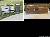 Front view of three plastic drawer units outdoors