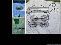 Composite view of bird bath, carriage plant stand, tall planter with ceramic pots
