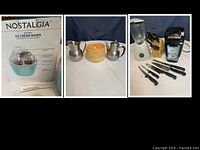 Collage showing boxed ice cream maker, two stainless pitchers, bamboo steamer, Keurig coffee maker