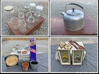 Group shot of jars, kettle, art, planters, utensils