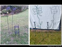 Full view of both shepherd hooks and plant stand in grass
