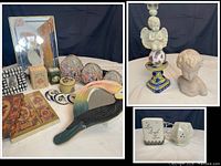 Overview of entire lot showing mirrors, tins, figurines, mugs, coasters