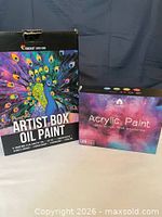 Front view of Artist Box oil paint and acrylic paint set packaging