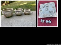 three graduated beige birdhouse planters and stone tic-tac-toe set