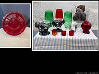 Collage: red sectional platter and grouped glassware